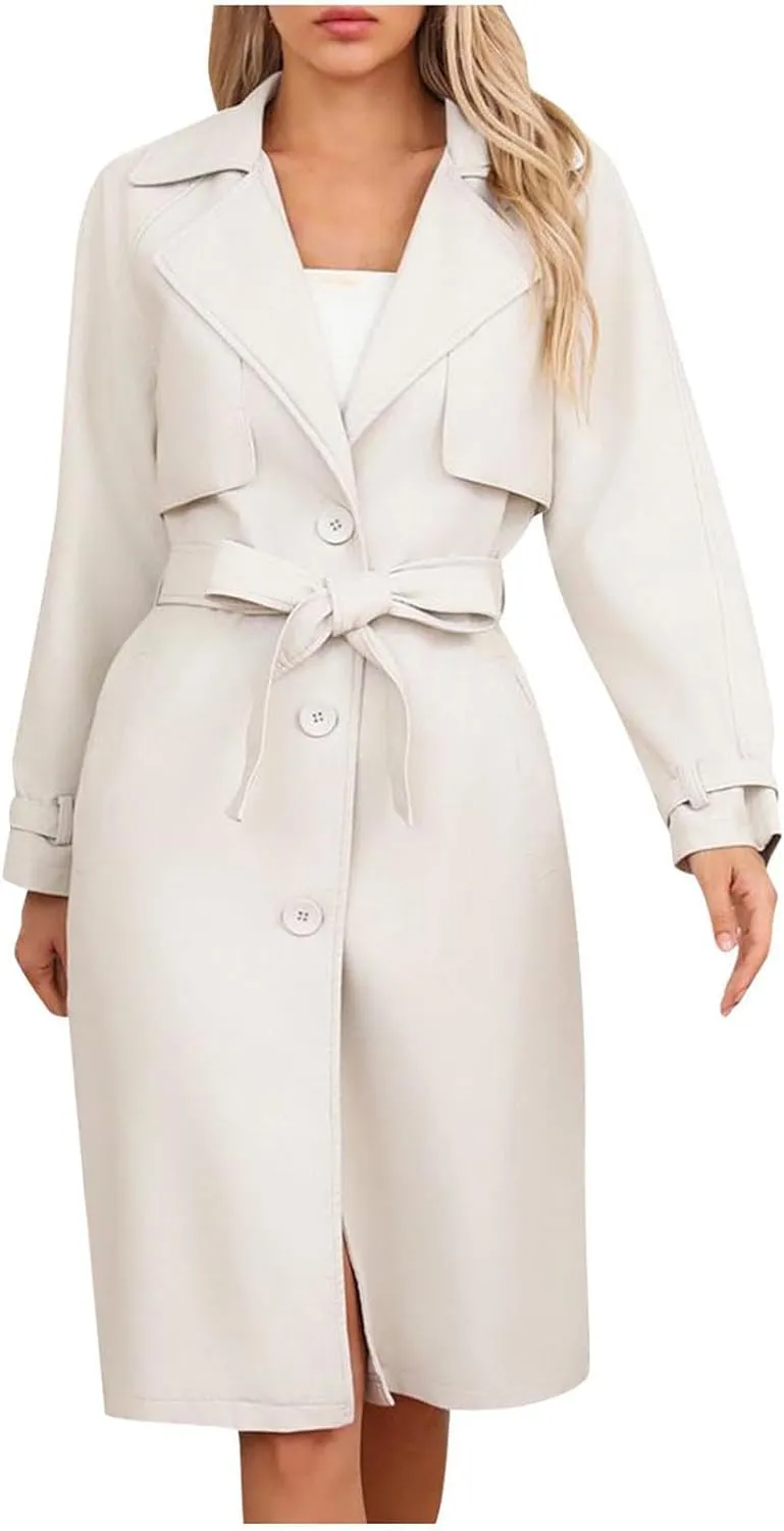 Coats for Women Trendy Leather Jacket Elegant Notched Lapel Single-Breasted PU Overcoat Fall Long Peacoat with Belt