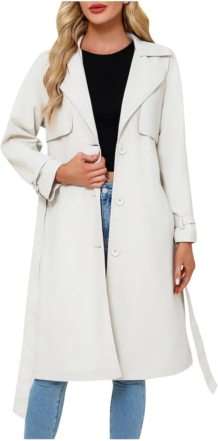 Coats for Women Trendy Leather Jacket Elegant Notched Lapel Single-Breasted PU Overcoat Fall Long Peacoat with Belt