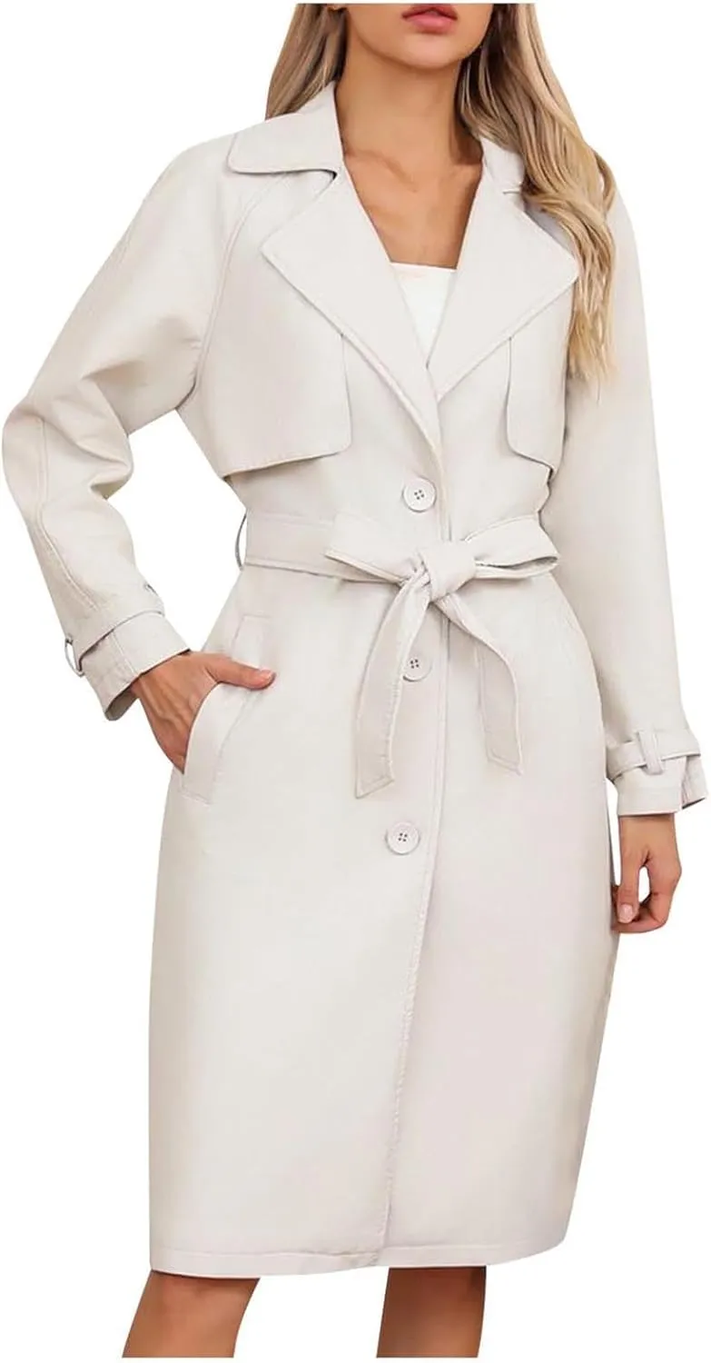 Coats for Women Trendy Leather Jacket Elegant Notched Lapel Single-Breasted PU Overcoat Fall Long Peacoat with Belt