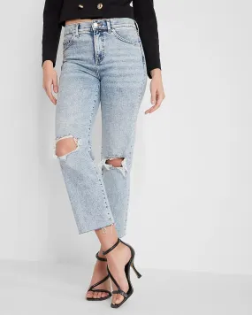 High Waisted Light Wash Ripped Straight Ankle Jeans in Light Wash