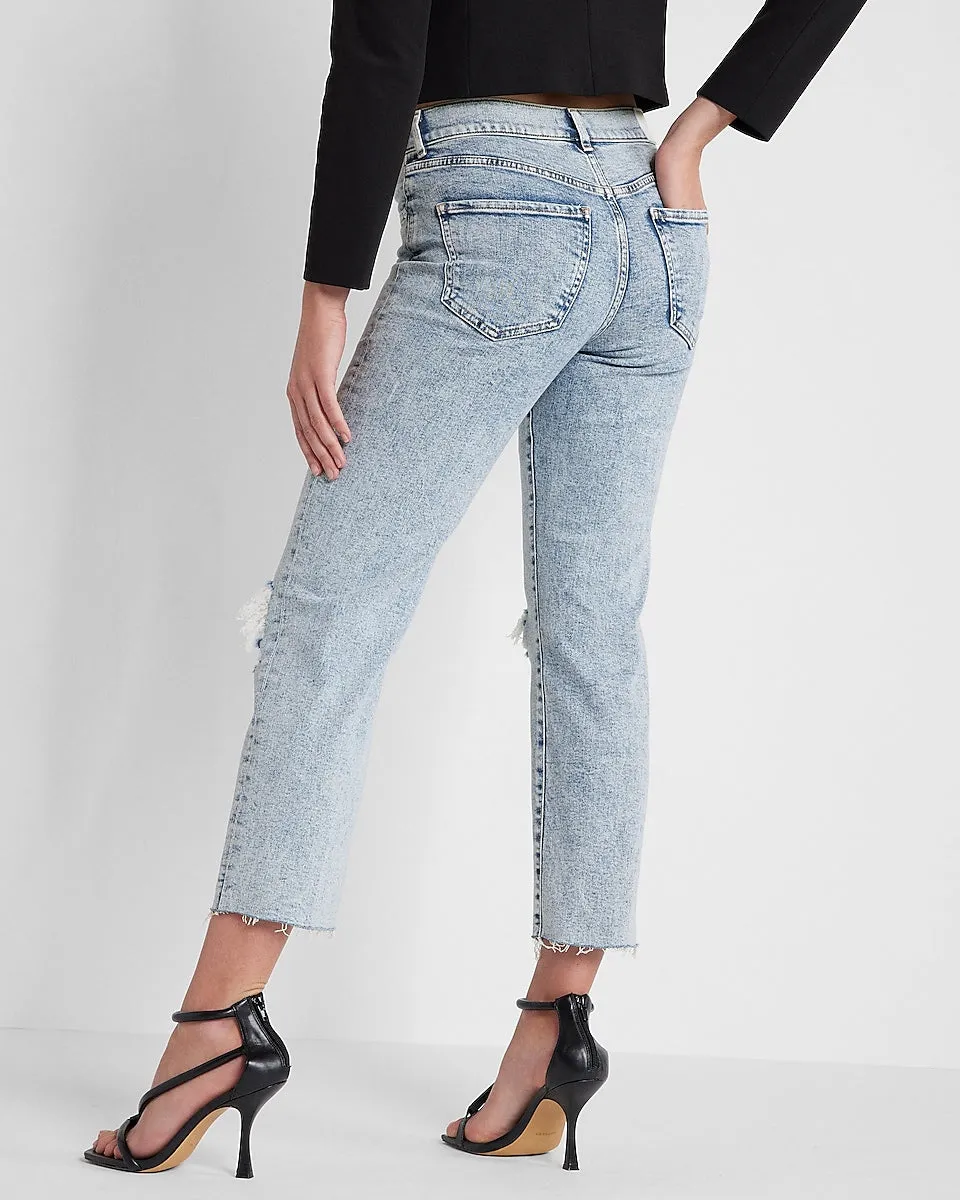 High Waisted Light Wash Ripped Straight Ankle Jeans in Light Wash