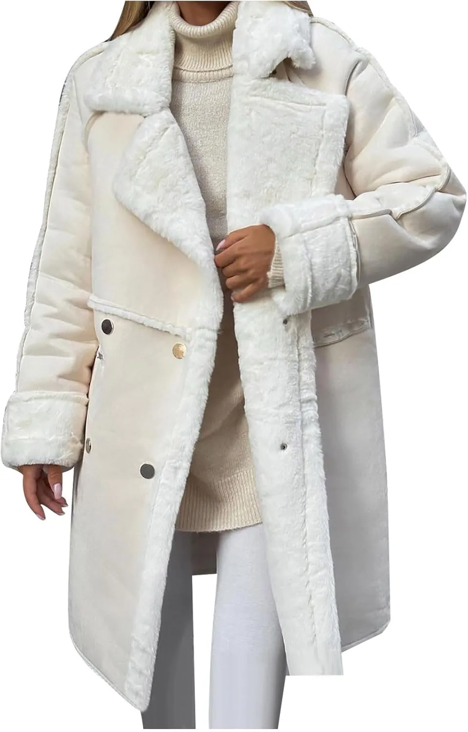 Lmdudan Women's Winter Trench Coat Notched Lapel Double Breasted Jacket Sherpa Fleece Faux Suede Leather Overcoat with Pocket