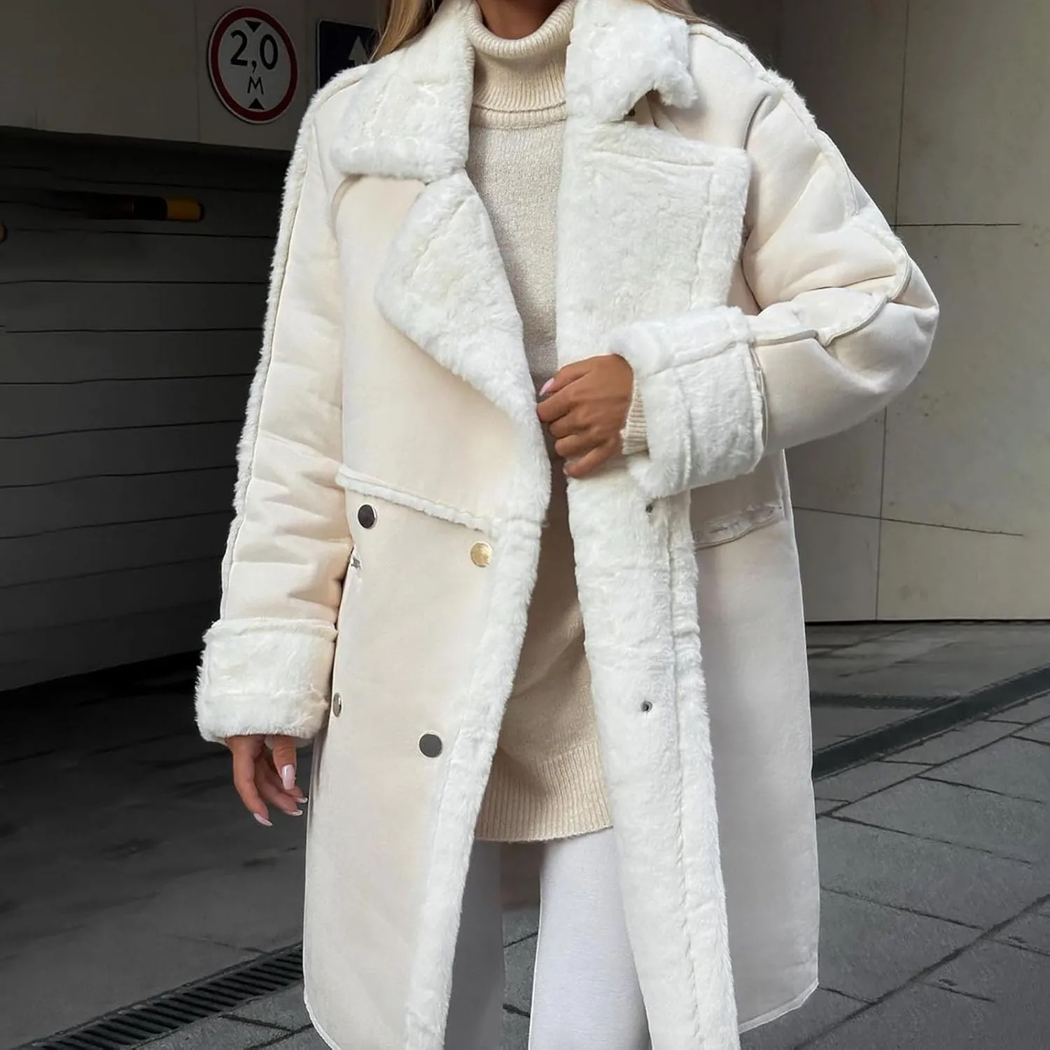 Lmdudan Women's Winter Trench Coat Notched Lapel Double Breasted Jacket Sherpa Fleece Faux Suede Leather Overcoat with Pocket