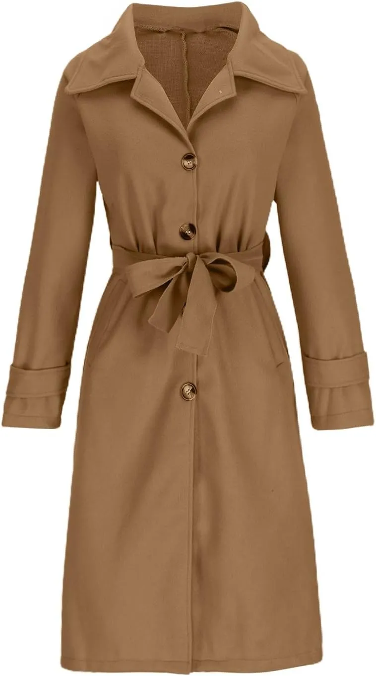 maisdgop Women's Long Trench Coats Single Breasted Wool Jackets Winter Warm Windbreaker Casual Long Sleeve Lapel Outerwear