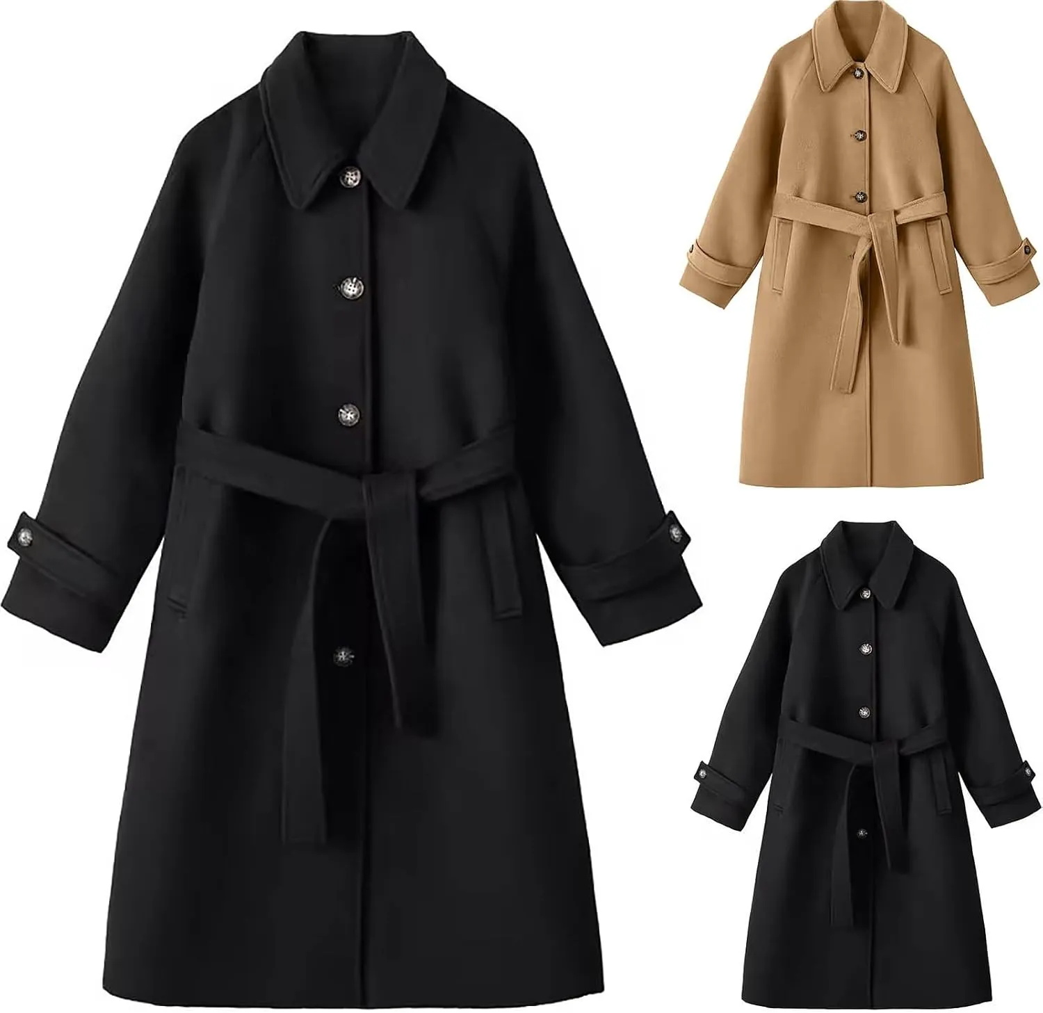 maisdgop Women's Long Trench Coats Single Breasted Wool Jackets Winter Warm Windbreaker Casual Long Sleeve Lapel Outerwear