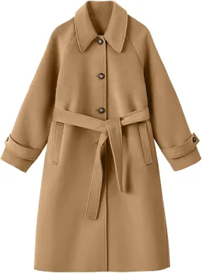 maisdgop Women's Long Trench Coats Single Breasted Wool Jackets Winter Warm Windbreaker Casual Long Sleeve Lapel Outerwear