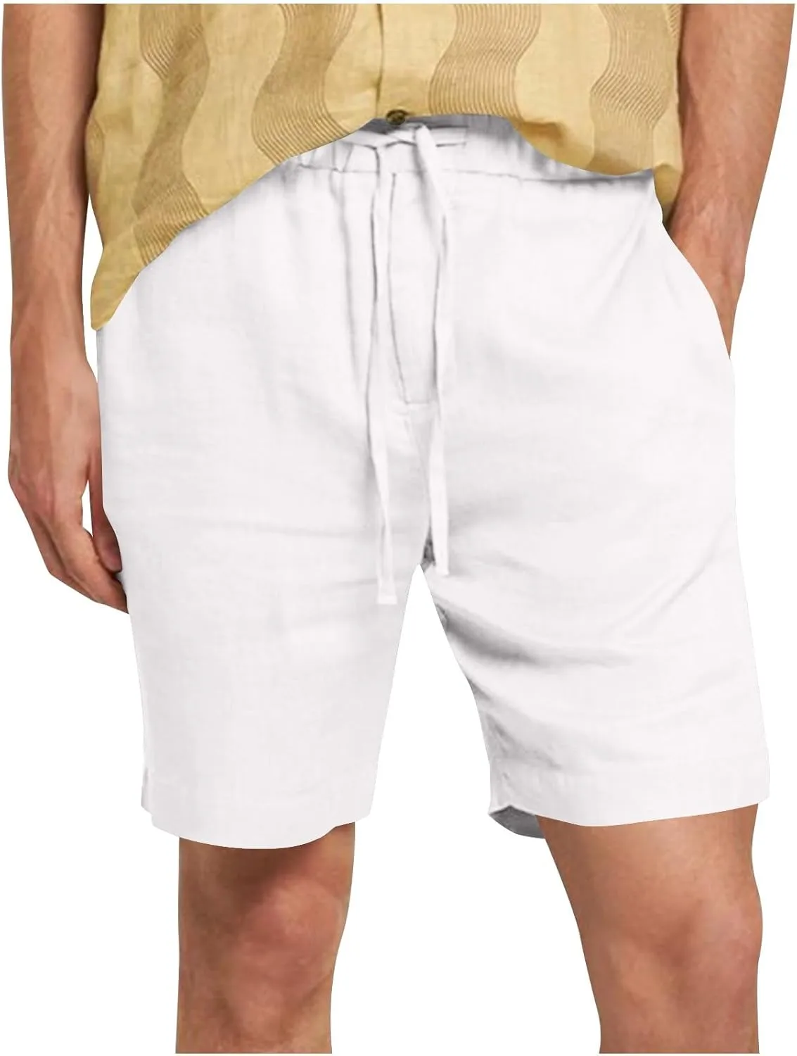 Men's Casual Cotton Linen Shorts Linen Shorts Casual Cotton Elastic Waist Summer Beach Vacation Shorts with Pockets