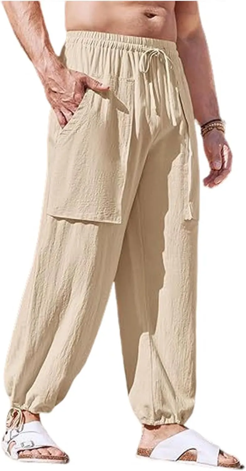 Mens Fashion Cotton Linen Pants Casual Loose Elastic Waist Straight Patch Pocket Boho Sweatpants Beach Trousers