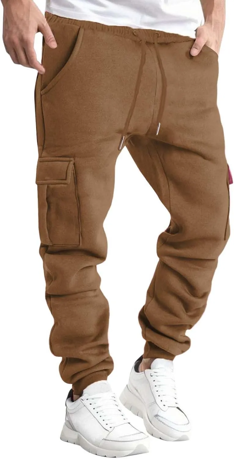 Men's Heavyweight Fleece Cargo Sweatpants with Multi Pockets Elastic Drawstring Workout Jogging Pants Baggy Trousers
