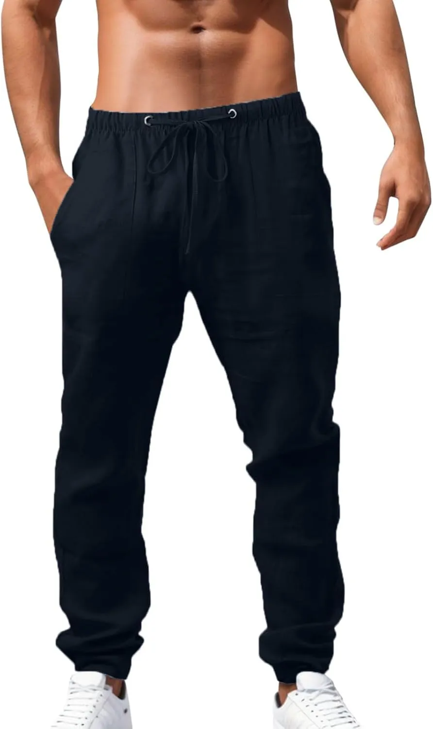 Men's Linen Casual Summer Sweatpant Elastic Waist Elastic Drawstring Lightweigh Pants Baggy Workout Joggers
