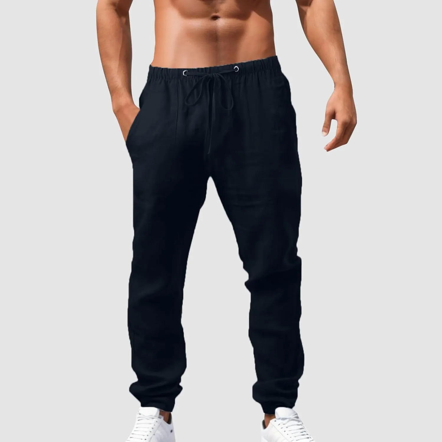 Men's Linen Casual Summer Sweatpant Elastic Waist Elastic Drawstring Lightweigh Pants Baggy Workout Joggers
