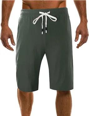 Men's Linen Shorts 11 Inch Inseam Flat Front Elastic Waist Shorts Casual Drawstring Casual Athletic Lounge Wide Leg Shorts