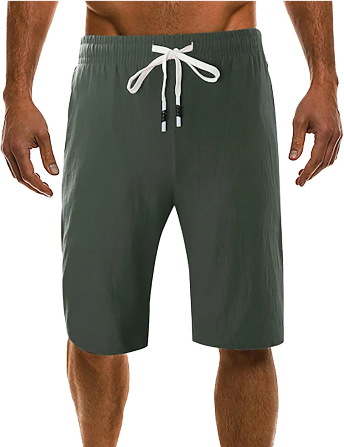 Men's Linen Shorts 11 Inch Inseam Flat Front Elastic Waist Shorts Casual Drawstring Casual Athletic Lounge Wide Leg Shorts