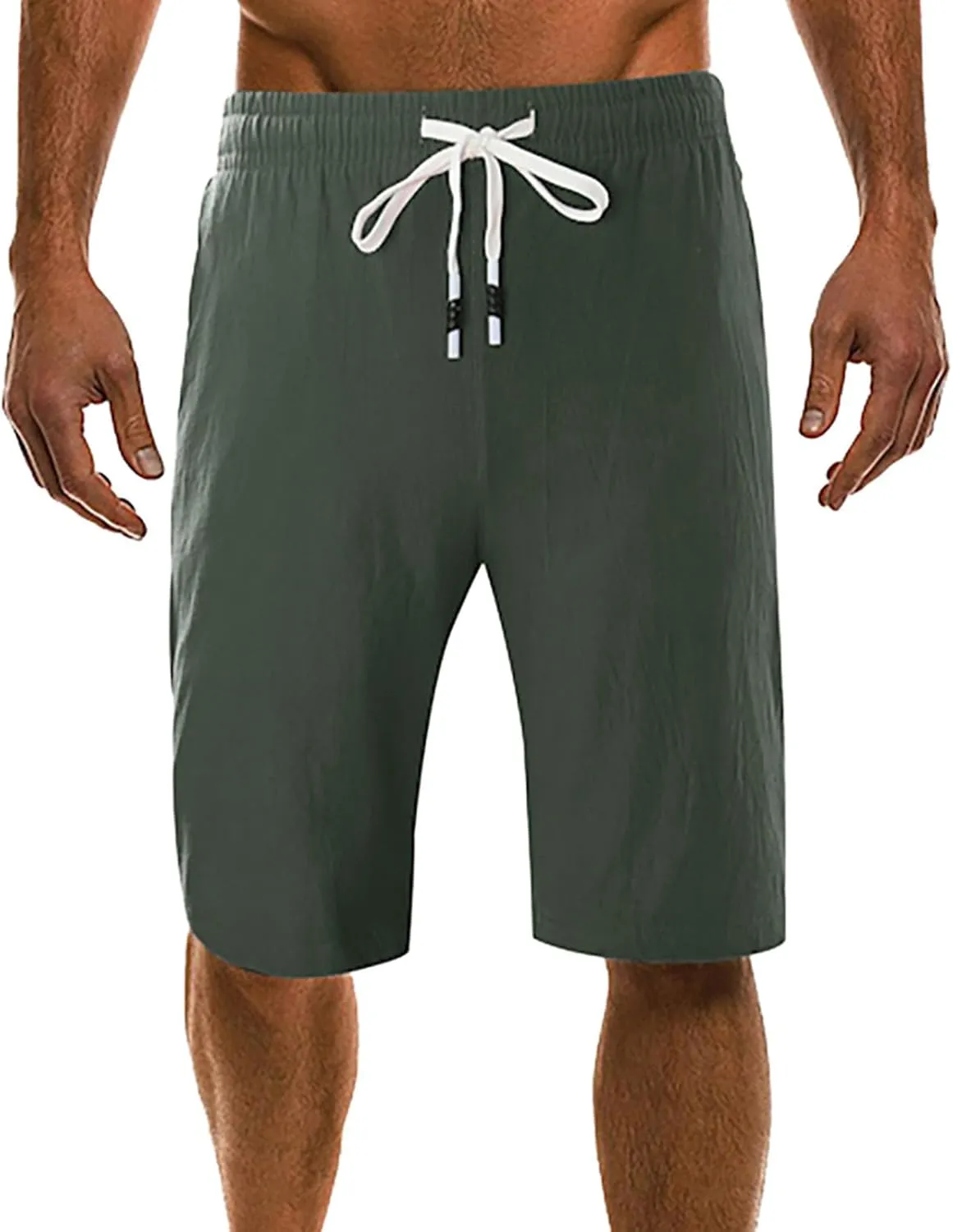 Men's Linen Shorts 11 Inch Inseam Flat Front Elastic Waist Shorts Casual Drawstring Casual Athletic Lounge Wide Leg Shorts