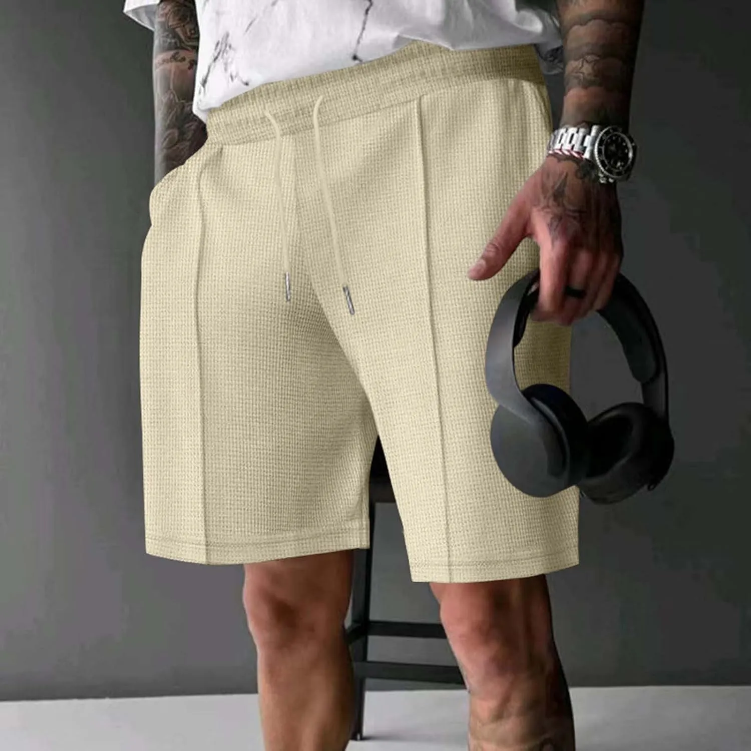 Mens Outdoor Fashion Shorts Waffle Casual Summer Wide Leg Bermuda Shorts with Pockets Elastic Waist Casual Loose Sweat Shorts