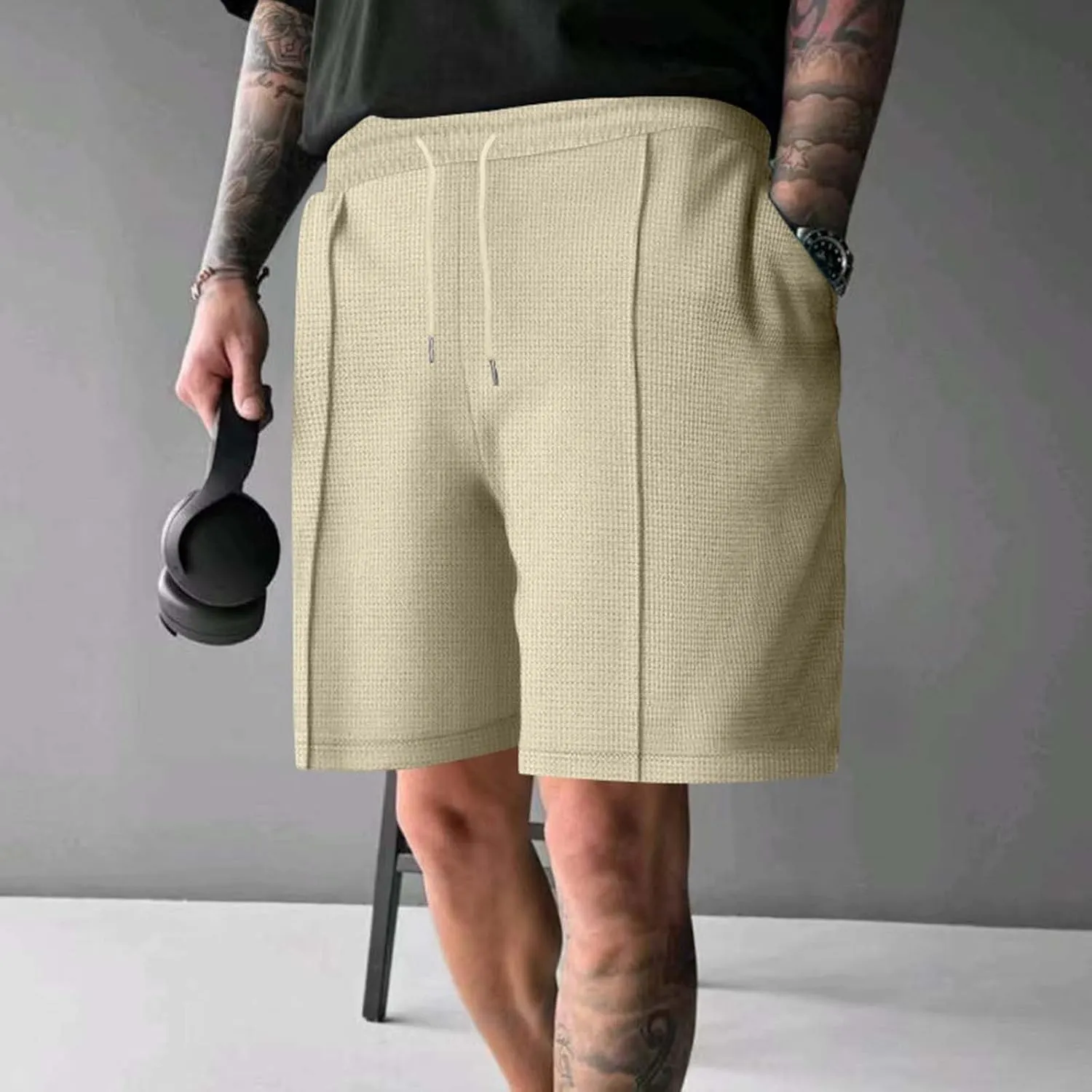 Mens Outdoor Fashion Shorts Waffle Casual Summer Wide Leg Bermuda Shorts with Pockets Elastic Waist Casual Loose Sweat Shorts