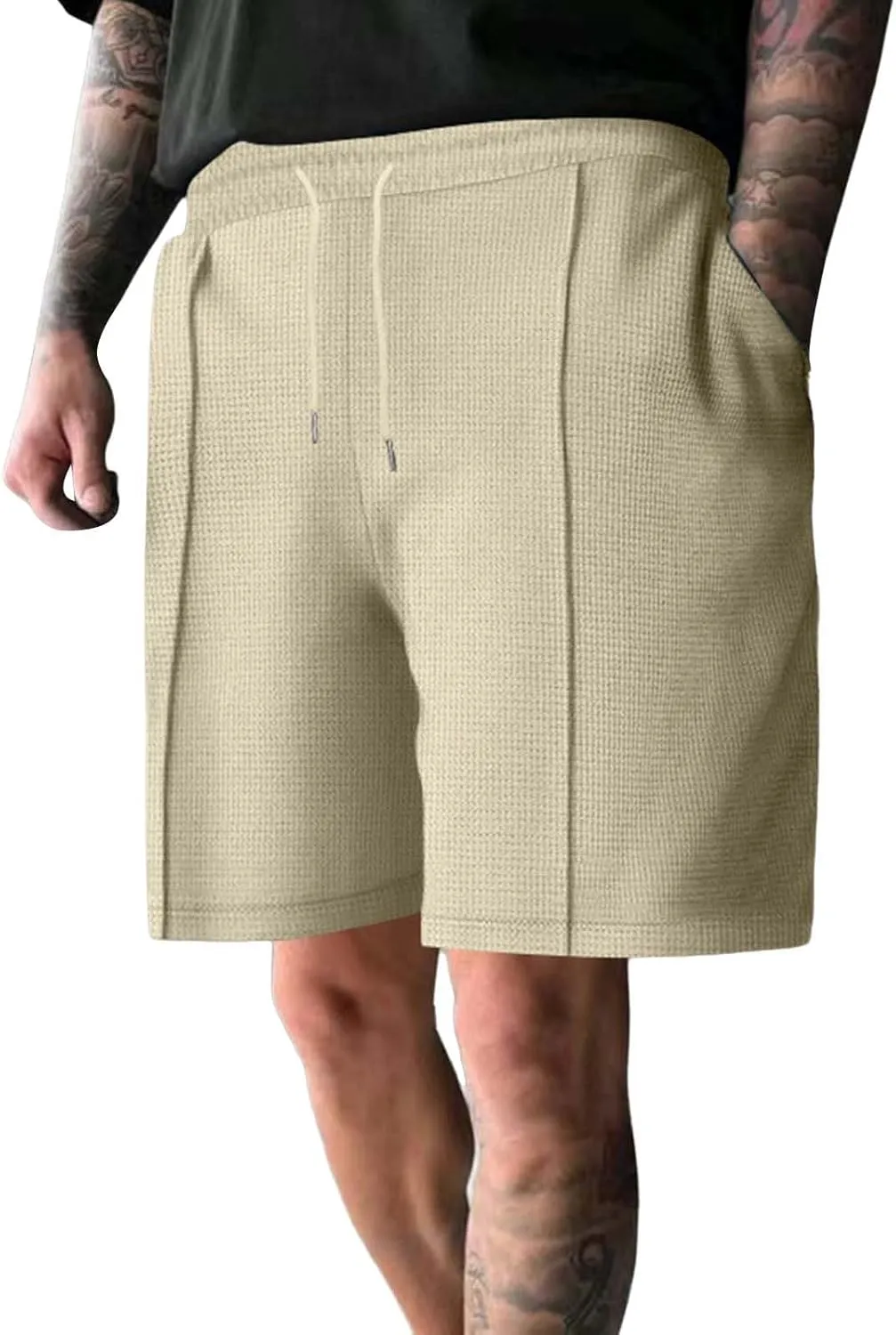 Mens Outdoor Fashion Shorts Waffle Casual Summer Wide Leg Bermuda Shorts with Pockets Elastic Waist Casual Loose Sweat Shorts