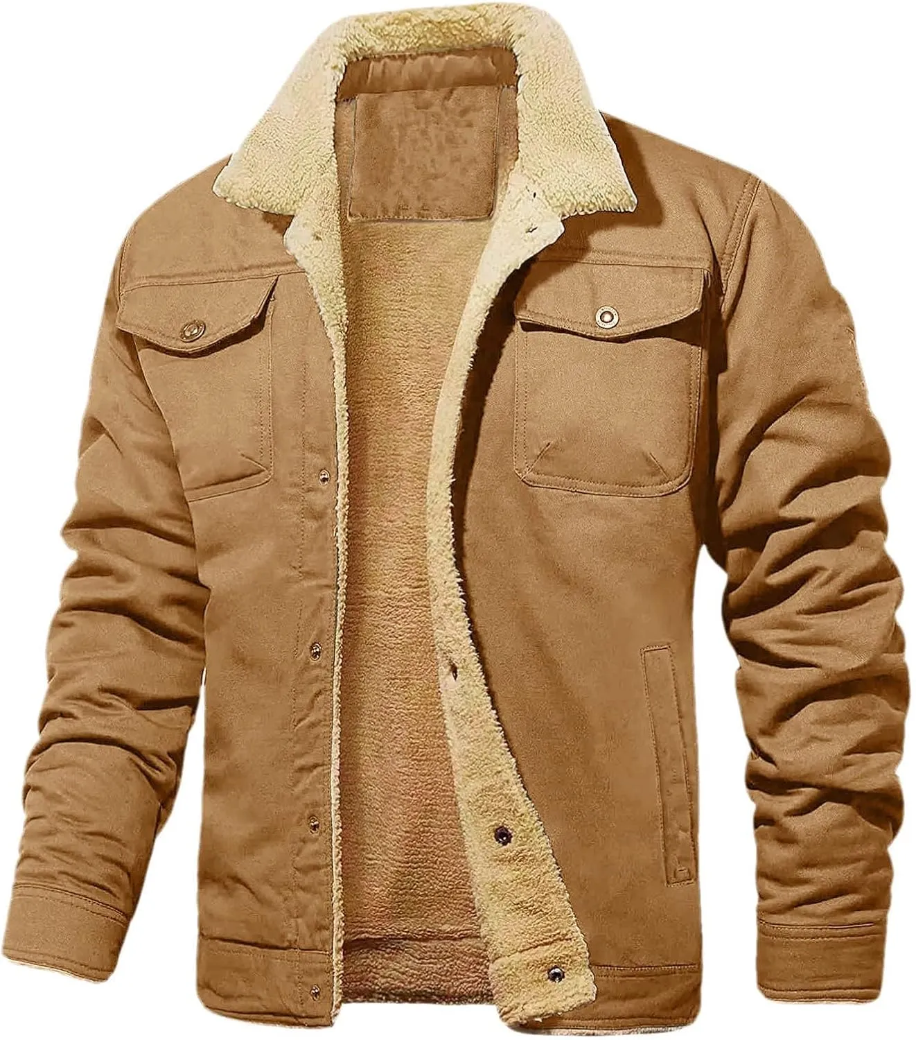 QWENTMTNTY Mens Vintage Sherpa Trucker Jacket Winter Casual Retro Fleece Jean Jacket Outdoor Cotton Denim Coat Windbreaker