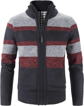 tuduoms Mens Full Zip Cardigan Thick Fleece Lined Sweater Coats Warm Winter Color Block Thermal Sweatshirts Jackets Pocket