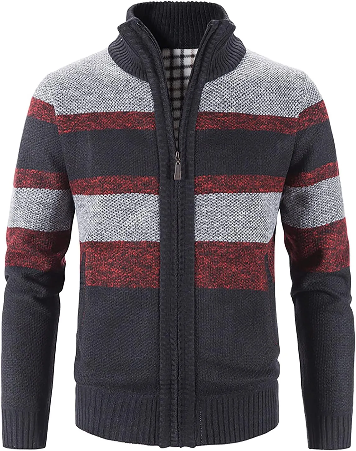 tuduoms Mens Full Zip Cardigan Thick Fleece Lined Sweater Coats Warm Winter Color Block Thermal Sweatshirts Jackets Pocket