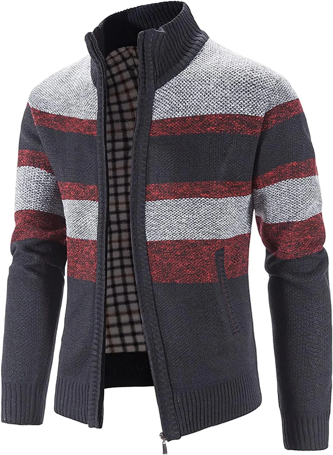 tuduoms Mens Full Zip Cardigan Thick Fleece Lined Sweater Coats Warm Winter Color Block Thermal Sweatshirts Jackets Pocket