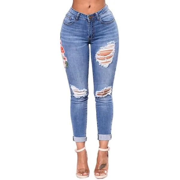 Women Ripped Pencil Denim Pants