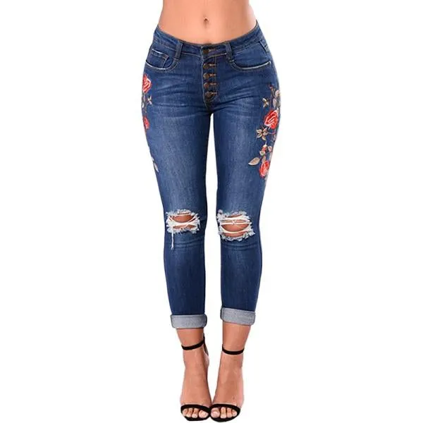 Women Ripped Pencil Denim Pants