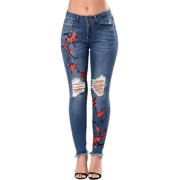 Women Ripped Pencil Denim Pants