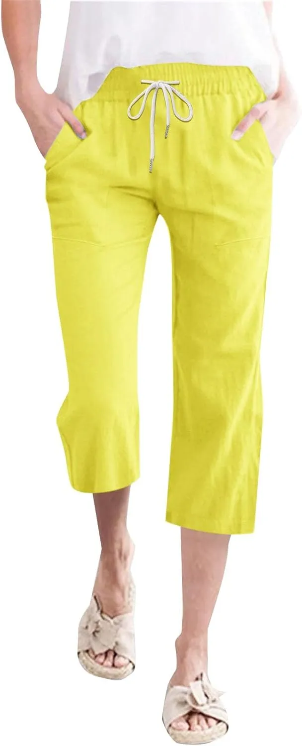 Womens Capris Pants Wide Leg Pants Drawstring Elastic Trousers Comfy Straight Leg Long Womens Linen Boho Capris