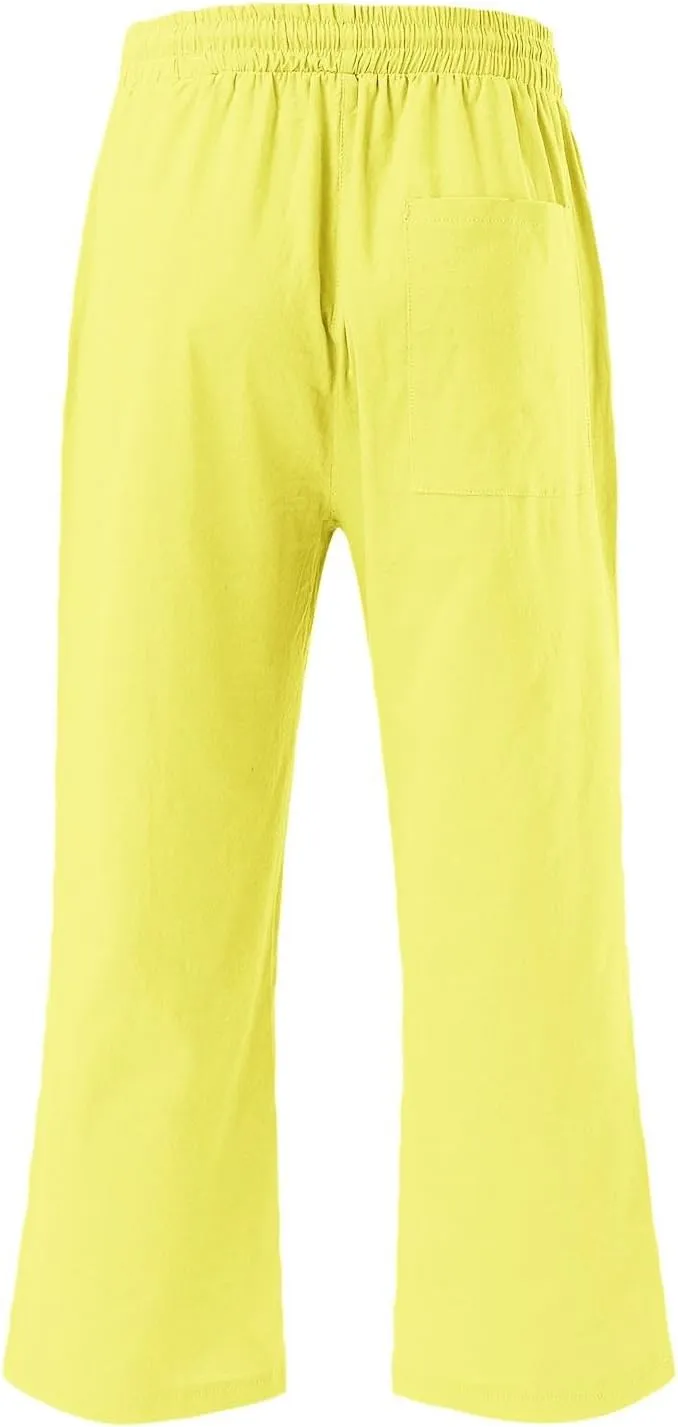 Womens Capris Pants Wide Leg Pants Drawstring Elastic Trousers Comfy Straight Leg Long Womens Linen Boho Capris