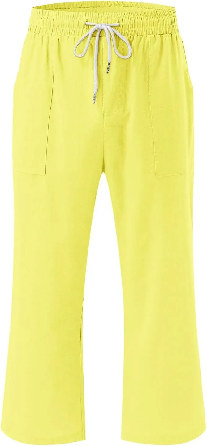 Womens Capris Pants Wide Leg Pants Drawstring Elastic Trousers Comfy Straight Leg Long Womens Linen Boho Capris