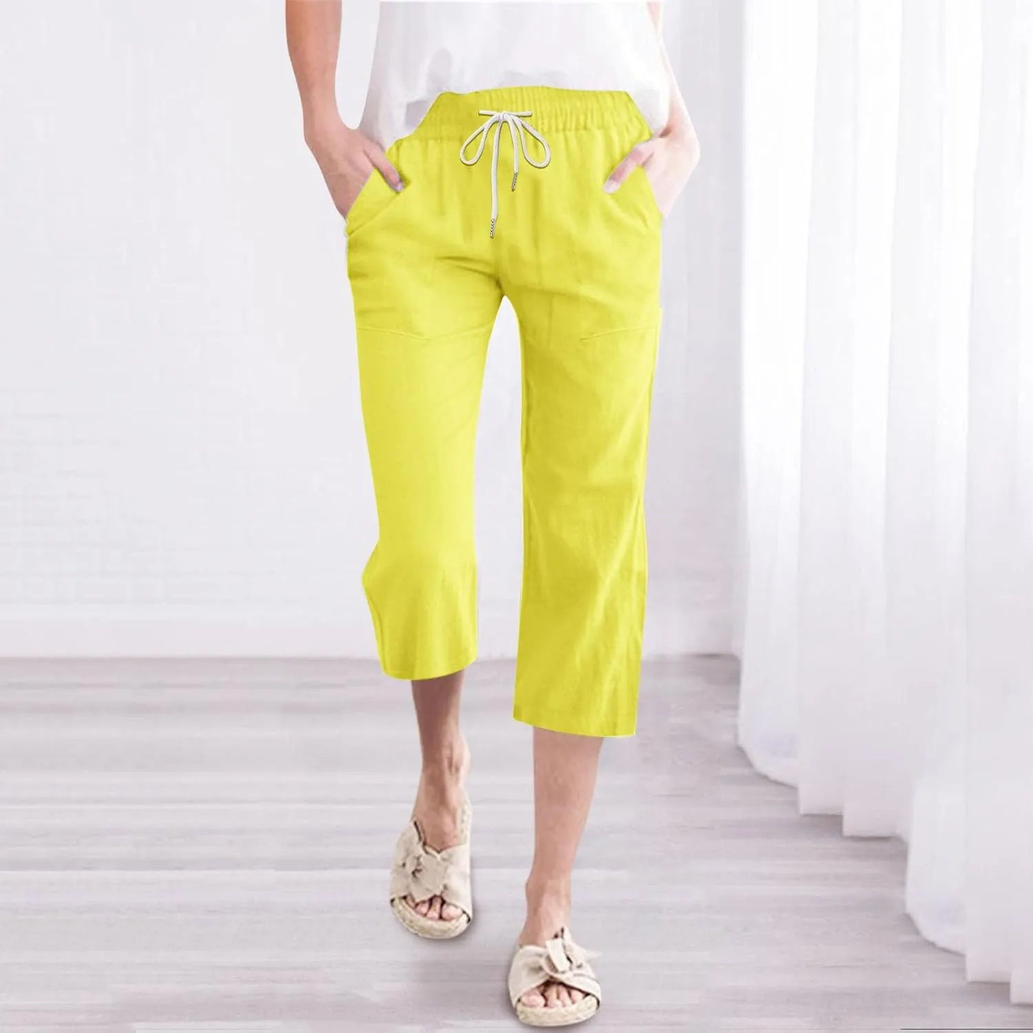 Womens Capris Pants Wide Leg Pants Drawstring Elastic Trousers Comfy Straight Leg Long Womens Linen Boho Capris