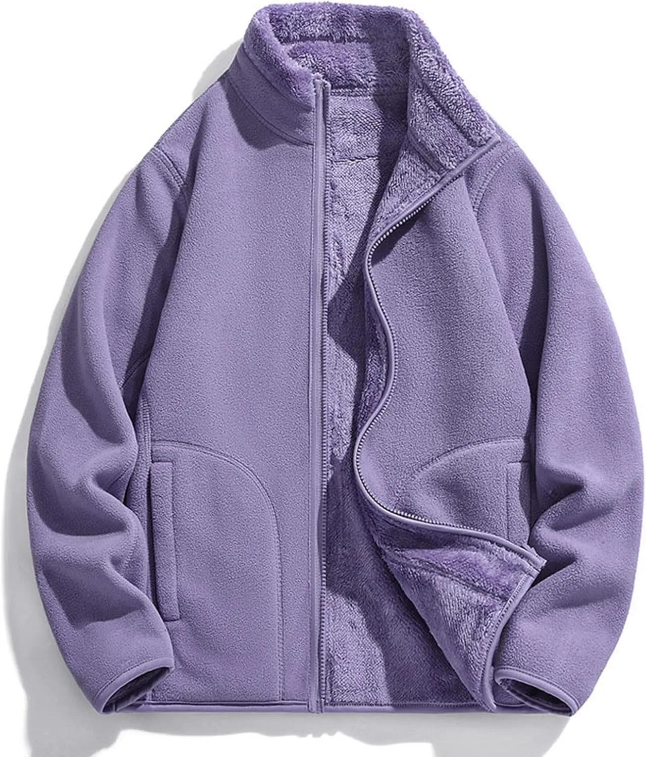 Womens Fuzzy Fleece Jacket Oversized Sherpa Zip Up Stand Collar Sweatshirts Solid Color Casual Winter Warm Outwear