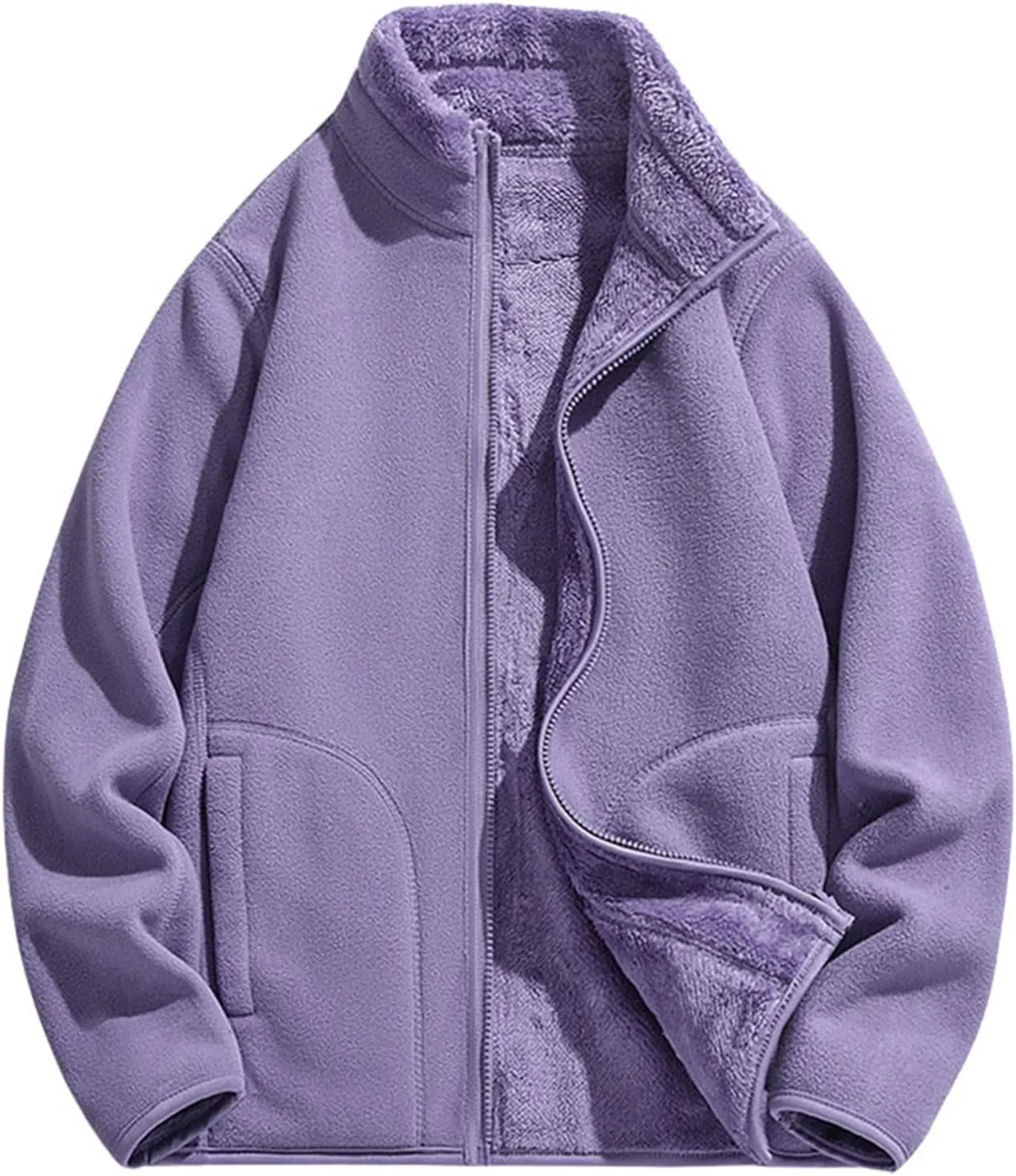 Womens Fuzzy Fleece Jacket Oversized Sherpa Zip Up Stand Collar Sweatshirts Solid Color Casual Winter Warm Outwear