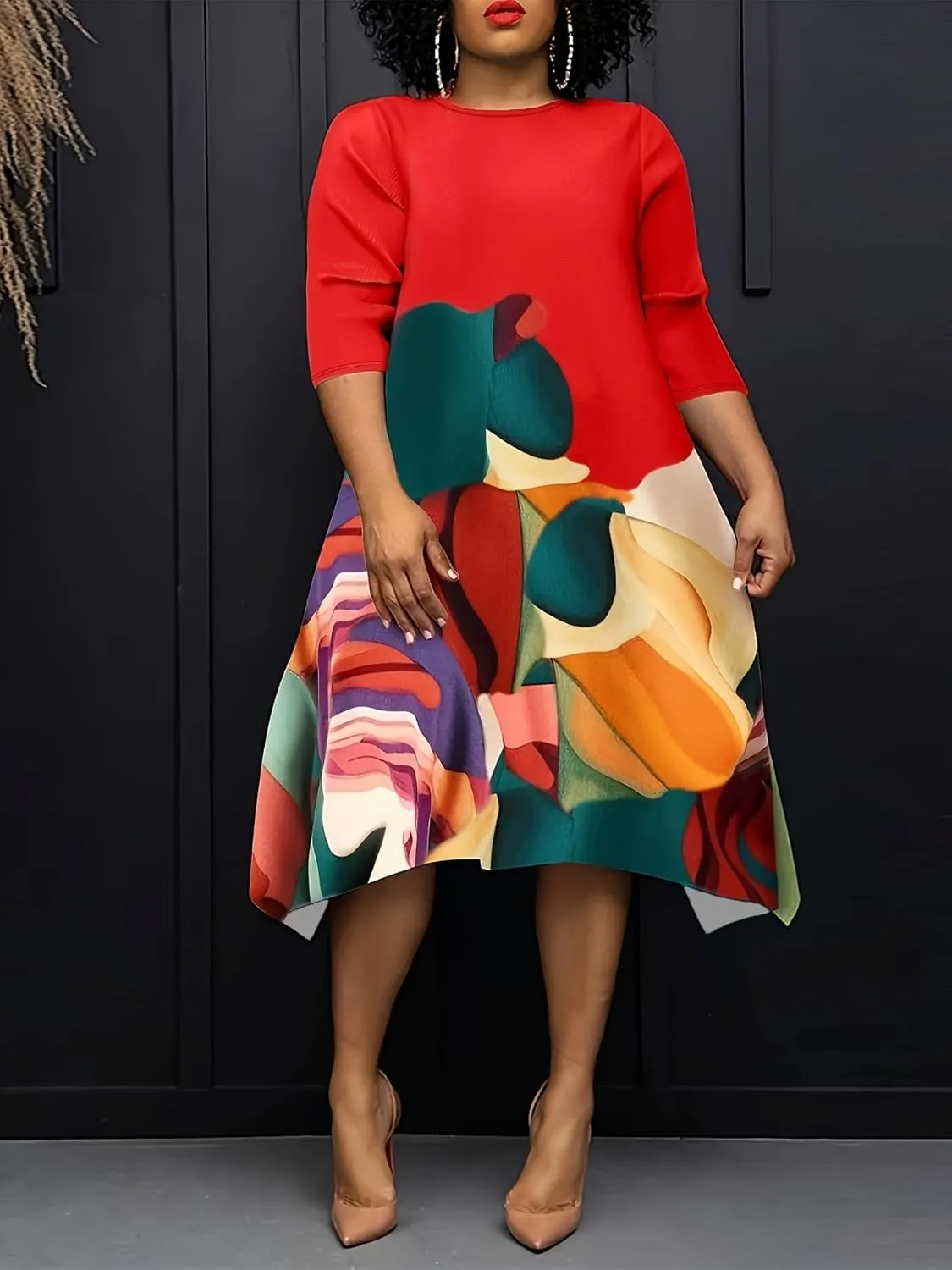 Women's Plus Size Midi Dress Floral Print 3/4 Sleeve A-Line Asymmetric Hem Casual Flowy Party Beach Midi Dresses