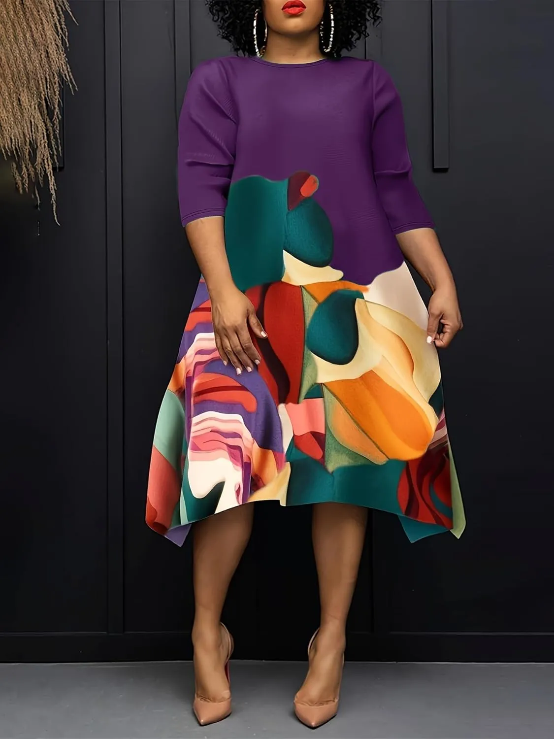 Women's Plus Size Midi Dress Floral Print 3/4 Sleeve A-Line Asymmetric Hem Casual Flowy Party Beach Midi Dresses