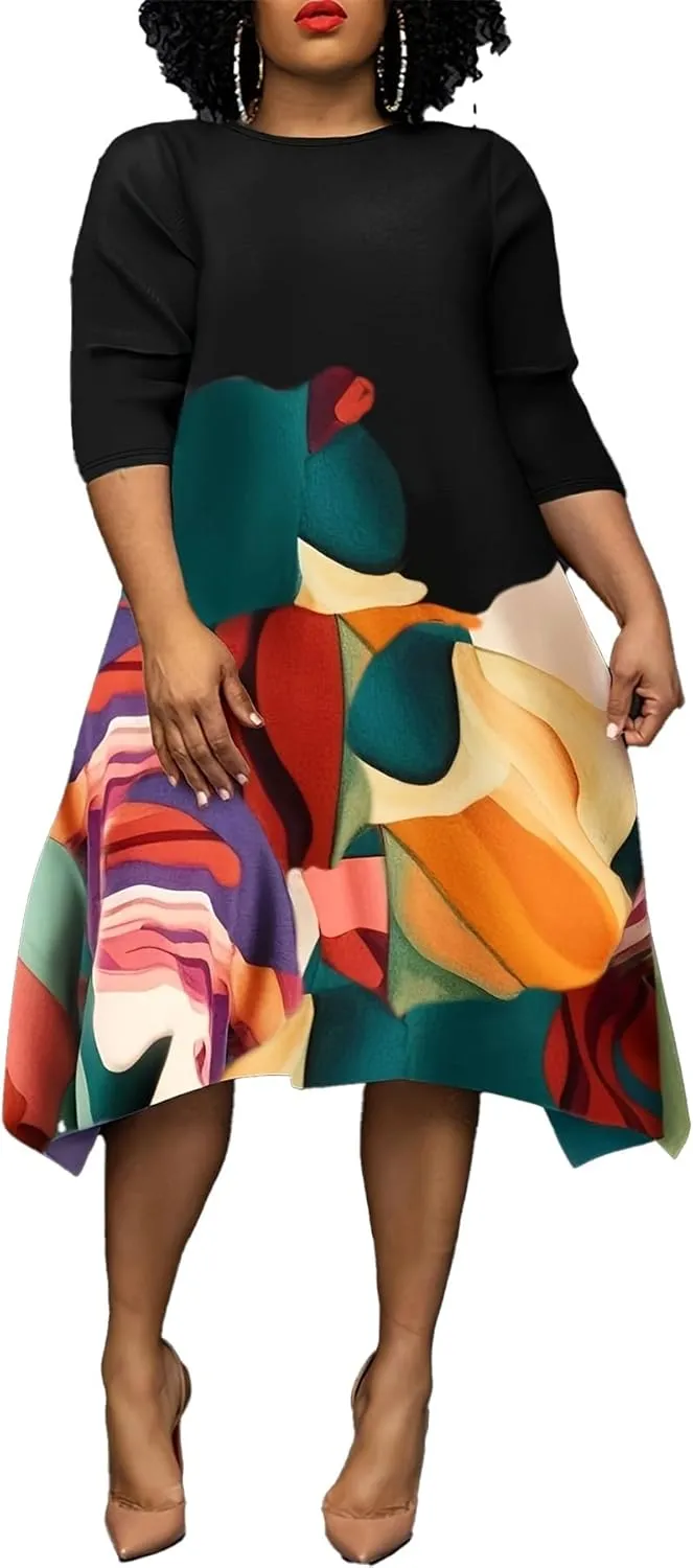 Women's Plus Size Midi Dress Floral Print 3/4 Sleeve A-Line Asymmetric Hem Casual Flowy Party Beach Midi Dresses