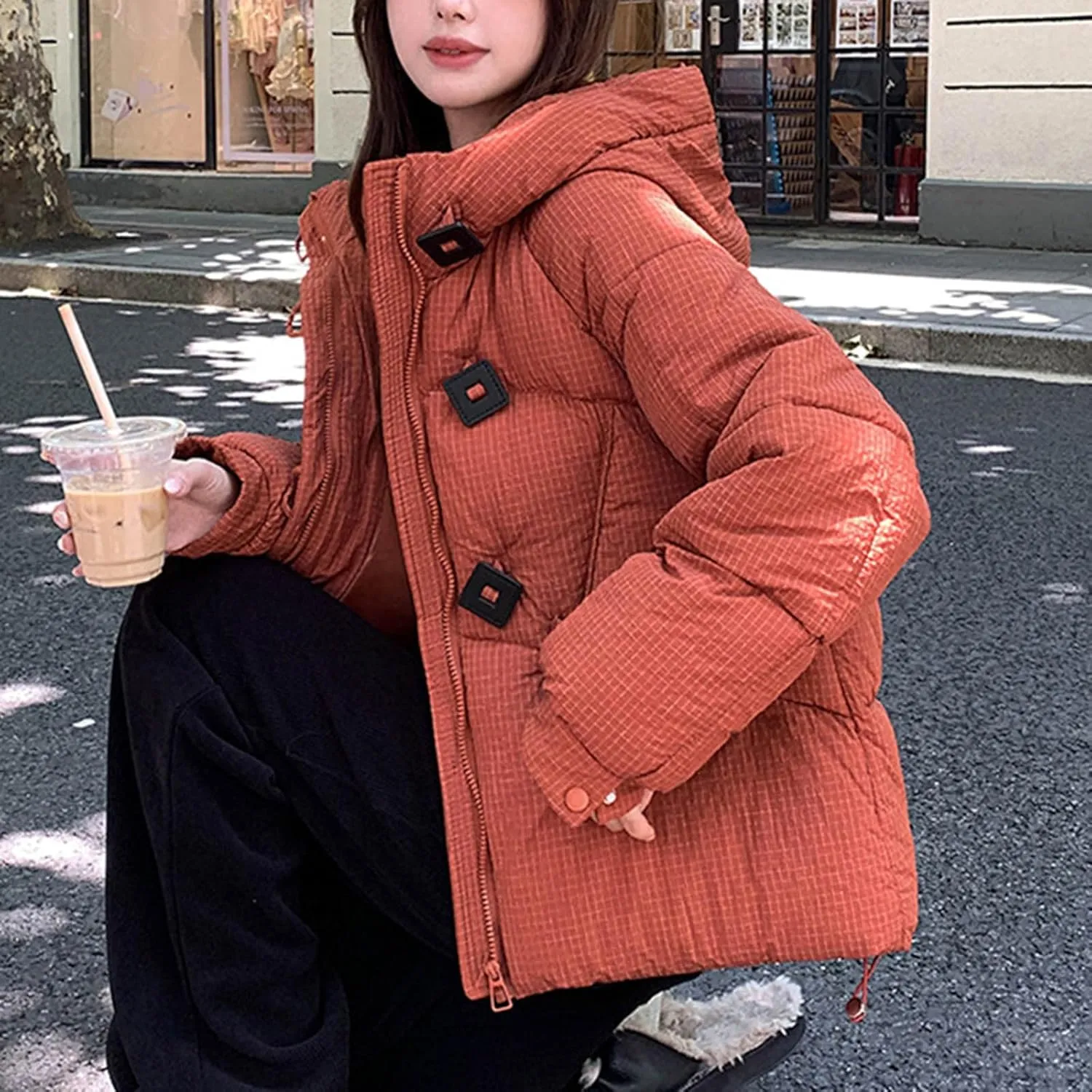 Womens Winter Jacket Fashion Puffy Bubble Down Coat Loose Fit Hooded Puffer Jackets Coats Oversized Quilted Outwear