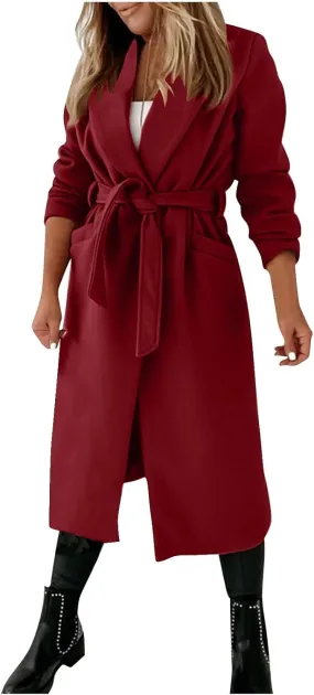 Womens Wool Coat Trendy Turndown Collar Long Trench Coats Casual Open Front Peacoat 2024 Winter Overcoat with Belt