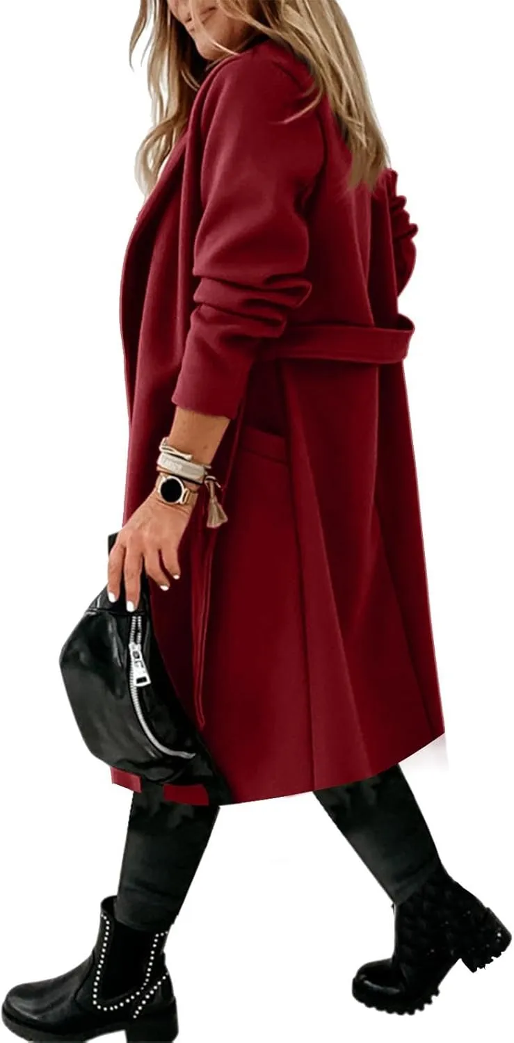 Womens Wool Coat Trendy Turndown Collar Long Trench Coats Casual Open Front Peacoat 2024 Winter Overcoat with Belt