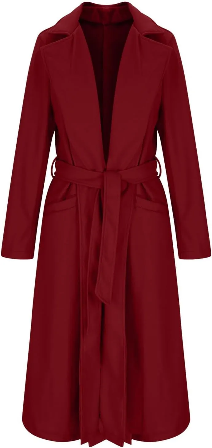 Womens Wool Coat Trendy Turndown Collar Long Trench Coats Casual Open Front Peacoat 2024 Winter Overcoat with Belt