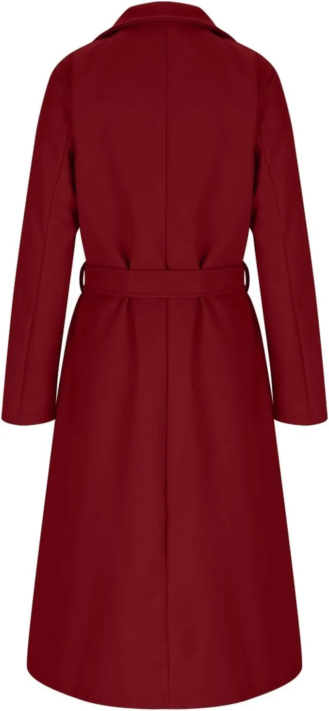 Womens Wool Coat Trendy Turndown Collar Long Trench Coats Casual Open Front Peacoat 2024 Winter Overcoat with Belt