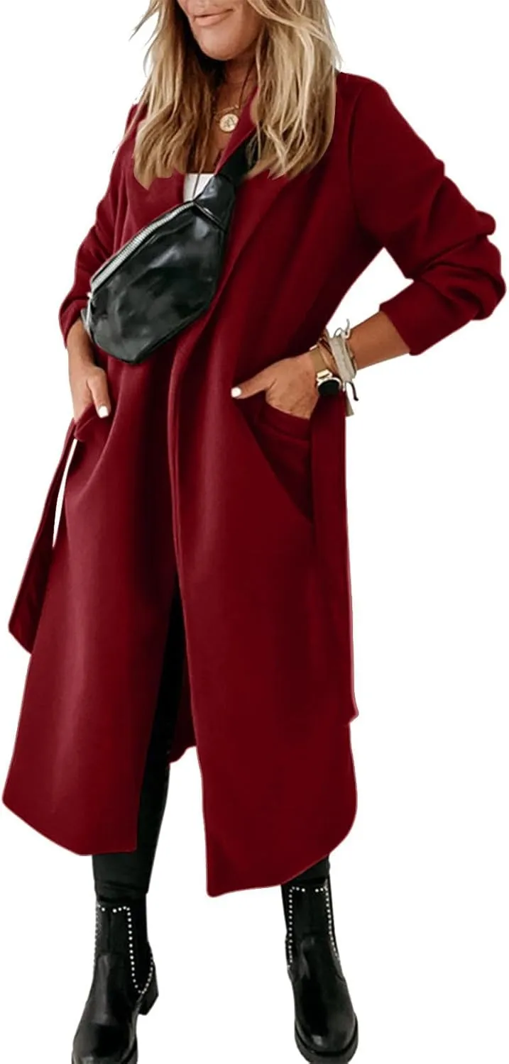 Womens Wool Coat Trendy Turndown Collar Long Trench Coats Casual Open Front Peacoat 2024 Winter Overcoat with Belt