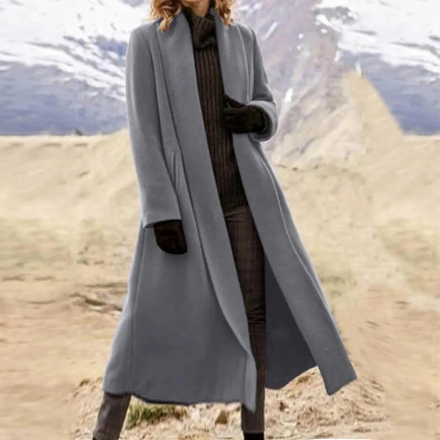 Women's Wool Coats Oversized Notched Collar Pea Coats Casual Open Front Long Winter Jackets Formal Work Trench Coat