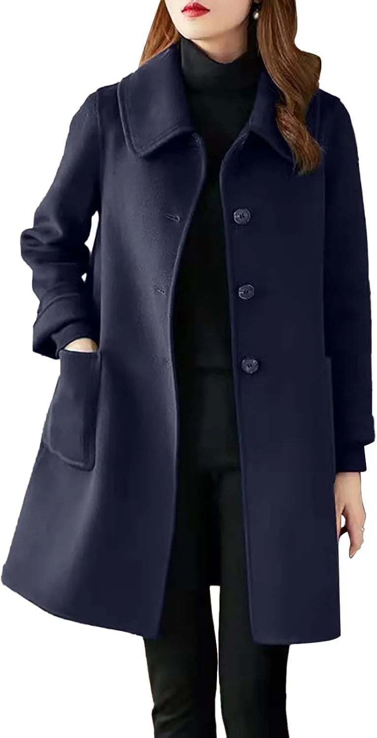 Wool Coats for Women Button Down Pea Coats Tweed Coat Plus Size Y2K Cardigan Fall Winter Long Sleeve Jacket Warm Outwear