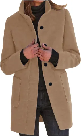 YRAETENM Women's Winter Single Breasted Stand Collar Wool Coat Blazer Jacket Casual Mid-Long Peacoat Trench Coat with Pockets