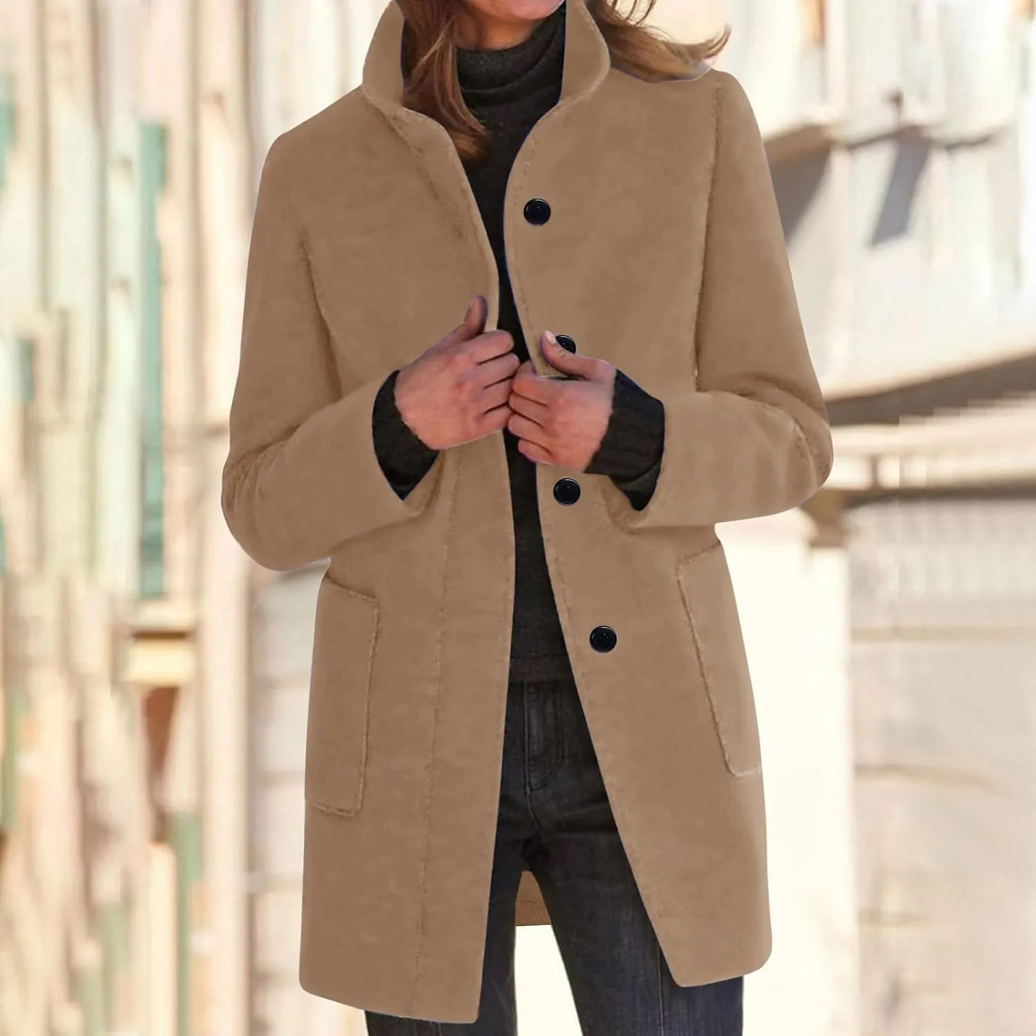 YRAETENM Women's Winter Single Breasted Stand Collar Wool Coat Blazer Jacket Casual Mid-Long Peacoat Trench Coat with Pockets