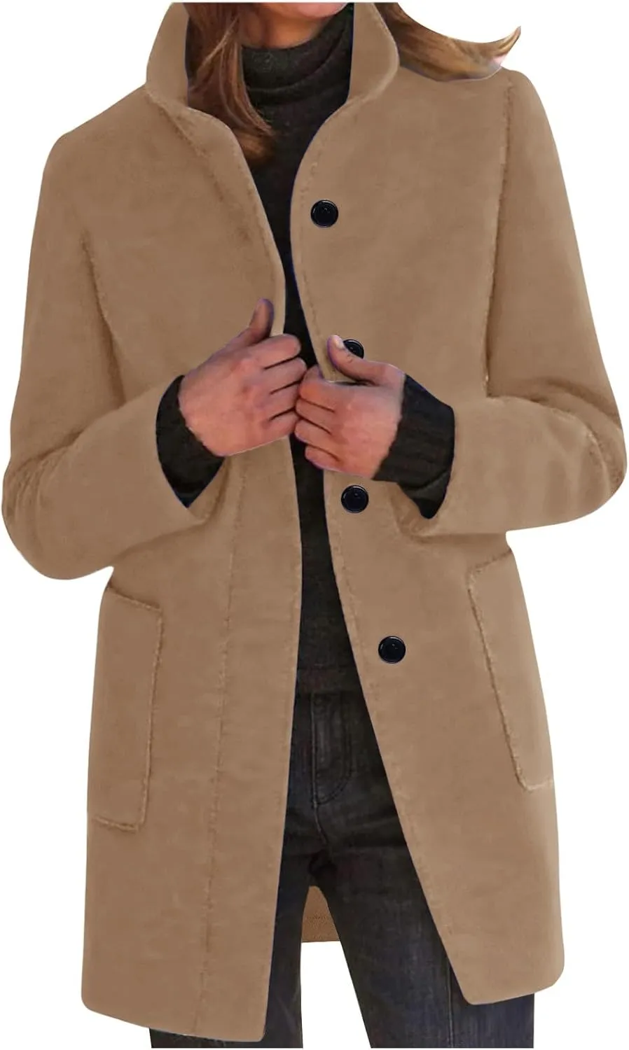 YRAETENM Women's Winter Single Breasted Stand Collar Wool Coat Blazer Jacket Casual Mid-Long Peacoat Trench Coat with Pockets